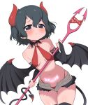  1girl alternate_costume black_hair black_thighhighs blue_eyes blush breasts cleavage closed_mouth collarbone demon_girl demon_horns demon_tail demon_wings fang grey_shorts highres horns kaban_(kemono_friends) kemono_friends looking_at_viewer navel pitchfork ransusan shiny shiny_hair shiny_skin short_hair shorts simple_background slingshot_swimsuit small_breasts solo swimsuit tail thighhighs white_background wings 