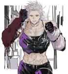  1girl breasts collarbone dorohedoro gloves grey_hair highres jewelry large_breasts lips looking_at_viewer muscular muscular_female navel necklace noi_(dorohedoro) park_ongjol piercing 