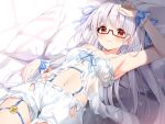  1girl absurdres bed blush bow breasts cleavage garter_straps glasses hair_ornament highres irori large_breasts lingerie long_hair looking_at_viewer navel original red-framed_eyewear red_eyes ribbon smile solo underwear white_hair 