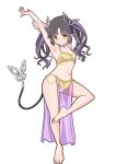  1girl alternate_costume armpits arms_up bangs barefoot bikini black_hair blush breasts closed_mouth commentary_request dancer demon_girl demon_horns demon_tail full_body highres horns kojo_anna long_hair looking_at_viewer navel pointy_ears purple_hair robou_no_stone simple_background small_breasts smile solo standing standing_on_one_leg sugar_lyric swimsuit tail twintails virtual_youtuber white_background yellow_bikini yellow_eyes 