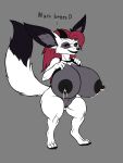  &lt;3 anthro big_breasts black_body black_fur black_nipples black_pussy bodily_fluids breasts canid canine claws clothed clothing dialogue dipstick_tail female fennec fluffy fluffy_tail fox fur genitals grey_body grey_fur hair hi_res horn huge_breasts inner_ear_fluff karnator lactating mammal markings multicolored_body multicolored_fur nipples partially_clothed purple_eyes pussy red_hair short_stack smile solo tail_markings tuft white_body white_fur 
