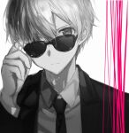  1boy black-framed_eyewear black_suit collared_shirt eugeo fingernails formal glasses hair_over_one_eye looking_at_viewer male_focus necktie ogura_ari shirt simple_background solo suit sword_art_online white_background 