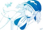  1girl alternate_costume arms_under_breasts bangs bikini blue_theme blush breasts cleavage closed_mouth commentary_request cowboy_shot crab dutch_angle flat_cap hair_bobbles hair_ornament hat highres kagiyama_pandra kawashiro_nitori large_breasts looking_back medium_hair monochrome mouth_hold sidelocks simple_background solo sweat swimsuit tearing_up touhou two_side_up untied untied_bikini 