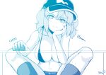  1girl bangs bikini bikini_top_only blue_theme blush boots breasts cleavage closed_mouth commentary_request feet_out_of_frame flat_cap hair_bobbles hair_ornament hand_on_own_cheek hand_on_own_face hat head_rest highres kagiyama_pandra kawashiro_nitori large_breasts looking_at_viewer medium_hair monochrome mouse_(computer) navel short_shorts shorts sidelocks simple_background solo swimsuit table touhou two_side_up 