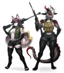  2022 abs absurd_res anthro battle_rifle bottomwear breasts bulletproof_vest canid canine chest_tuft clothing digitigrade dipstick_tail dragon duo eyebrows eyelashes female fn_fal fox glistening glistening_body gun hair hand_on_hip hi_res horn inner_ear_fluff legwear long_hair mammal markings multicolored_tail navel pgm300 ranged_weapon red_eyes rifle shorts shoulder_tuft sniper_rifle tail_markings toeless_legwear topwear tuft vest weapon yellow_eyes 