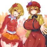  2girls aki_minoriko aki_shizuha apron breasts flat_chest food food-themed_hair_ornament fruit grape_hair_ornament grapes hair_ornament highres large_breasts leaf leaf_hair_ornament leaf_on_head maple_leaf multiple_girls norori red_apron siblings sisters touhou 