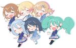  1boy 5girls ^_^ aqua_hair aqua_outline arm_up azusawa_kohane bangs belt black_hair black_ribbon blazer blue_belt blue_dress blue_outline blue_socks blush_stickers braid brown_hair chibi closed_eyes colored_tips dress floating_hair full_body grey_hair grin gunjou_sanka_(vocaloid) hair_between_eyes hair_ornament hairclip hanasato_minori hand_up happy hatsune_miku hoshino_ichika_(project_sekai) jacket kneehighs laughing light_brown_hair long_hair low_twintails multicolored_hair multiple_girls musical_note musical_note_hair_ornament neck_ribbon necktie no_nose orange_hair orange_outline outline pink_outline plaid plaid_necktie project_sekai red_outline ribbon sailor_collar sailor_dress sakuraba_(_39luv) scrunchie short_dress short_twintails simple_background sky_print smile socks swept_bangs tenma_tsukasa twintails v very_long_hair vocaloid white_background white_sailor_collar white_socks wing_collar wrist_scrunchie yellow_outline yoisaki_kanade 