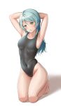  1girl absurdres aqua_hair armpits arms_behind_head arms_up bang_dream! bangs bare_arms bare_legs bare_shoulders barefoot black_one-piece_swimsuit blush breasts breasts_apart collarbone competition_swimsuit covered_navel full_body furiousghafo green_eyes highleg highleg_swimsuit highres hikawa_sayo looking_at_viewer medium_breasts one-piece_swimsuit seiza sideboob simple_background sitting skindentation swept_bangs swimsuit wide_hips 