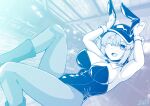  1girl animal_ears bangs bar blue_theme blush boots breasts bunny_pose cleavage commentary_request fake_animal_ears feet_out_of_frame flat_cap hair_bobbles hair_ornament hat highres indoors kagiyama_pandra kawashiro_nitori large_breasts leotard looking_at_viewer medium_hair monochrome one_eye_closed open_mouth pantyhose playboy_bunny sidelocks smile solo strapless strapless_leotard touhou two_side_up 