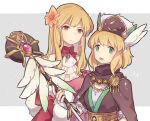  2girls bangs blonde_hair dress earrings feather_hair_ornament feathers fingerless_gloves fire_emblem fire_emblem:_genealogy_of_the_holy_war fire_emblem:_thracia_776 fire_emblem_heroes flower gloves green_eyes green_nails haconeri hair_flower hair_ornament hat holding holding_staff jewelry lachesis_(fire_emblem) long_hair mother_and_daughter multiple_girls nanna_(fire_emblem) official_alternate_costume red_dress short_hair smile staff upper_body 