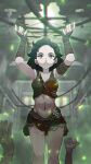  1girl arms_up black_hair breasts case-k cleavage collarbone fallout_(series) fallout_4 fallout_shelter_online fingerless_gloves gloves green_eyes highres isolde_(fallout) midriff navel short_hair skirt torn_clothes 