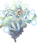  1girl aqua_hair azu-taro bangs breasts cape closed_mouth dress fire_emblem fire_emblem:_the_blazing_blade fire_emblem_heroes floating floating_object full_body glowing gold_trim gradient gradient_clothes highres leg_up long_dress long_hair long_skirt looking_away medium_breasts ninian_(fire_emblem) non-web_source official_art pale_skin red_eyes see-through serious shiny shiny_hair shoes skirt snowflake_print solo stone transparent_background 