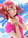  1girl absurdres aqua_eyes artist_name blue_sky closed_mouth hands_up highres isami_don kurosawa_ruby love_live! love_live!_sunshine!! one_eye_closed pink_shirt red_hair shirt short_hair short_sleeves sky solo sunlight two_side_up upper_body 