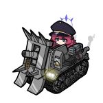  1girl black_headwear blue_archive blush_stickers caterpillar_tracks closed_mouth exhaust exhaust_pipe grey_eyes ground_vehicle halo hat highres hrna iroha_(blue_archive) long_hair metal_slug military military_hat military_vehicle motor_vehicle peaked_cap red_hair simple_background solo t-2b_melty_honey tank wavy_hair white_background 