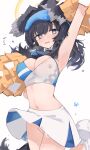  1girl animal_ears arm_up armpits bangs black_hair blue_archive blue_bow blue_eyes blush bow breasts cheering cheerleader cleavage cowboy_shot crop_top dog_ears dog_girl dog_tail eyewear_on_head flying_sweatdrops goggles goggles_on_head halo hibiki_(blue_archive) hibiki_(cheerleader)_(blue_archive) highres holding holding_pom_poms large_breasts long_hair looking_at_viewer medium_breasts midriff mikozin miniskirt navel no_panties open_mouth pleated_skirt pom_pom_(cheerleading) simple_background skirt sleeveless solo steam sweat tail white_skirt 