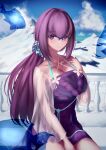  1girl absurdres breasts cloud cloudy_sky dress fate/grand_order fate_(series) fish frown furo_(lotech) glasses hair_ornament hair_scrunchie highres ice large_breasts mountain outdoors over-rim_eyewear purple_dress scathach_(fate) scathach_skadi_(fate) scathach_skadi_(swimsuit_ruler)_(fate) scathach_skadi_(swimsuit_ruler)_(second_ascension)_(fate) scrunchie see-through see-through_sleeves semi-rimless_eyewear sky solo sweater sweater_dress 