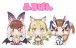  3girls animal_costume animal_ear_fluff animal_ears bat_wings bow bowtie brown_eyes brown_hair brown_long-eared_bat_(kemono_friends) closed_mouth elbow_gloves extra_ears fingerless_gloves gloves green_eyes grey_hair hauru_252 highres jungle_cat_(kemono_friends) kemono_friends kemono_friends_v_project kneehighs leotard long_hair looking_at_viewer multicolored_hair multiple_girls pantyhose ribbon scarf shirt short_hair shorts siberian_chipmunk_(kemono_friends) simple_background skirt socks tail vest virtual_youtuber wings 