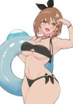  1girl :d atelier_(series) atelier_ryza atelier_ryza_2 bikini black_bikini blush braid breasts brown_hair hair_between_eyes hair_ornament highres holding holding_innertube innertube jewelry key_necklace large_breasts looking_at_viewer navel necklace open_mouth reisalin_stout short_hair simple_background smile solo swimsuit tan teeth thick_thighs thighs upper_teeth wet white_background yabai_gorilla yellow_eyes 