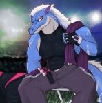  2022 abs bulge clothing digital_drawing_(artwork) digital_media_(artwork) ear_piercing exsys gloves hair handwear hi_res male omega_strikers piercing scalie shirt sitting solo tank_top topwear towel 