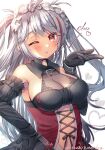  1girl azur_lane black_dress black_gloves blowing_kiss breasts cleavage clothing_cutout detached_sleeves dress frilled_hairband frilled_sleeves frills gloves grey_hair hairband heart large_breasts long_hair maid_headdress mole mole_on_breast multicolored_hair navel_cutout official_alternate_costume orange_eyes prinz_eugen_(azur_lane) prinz_eugen_(kindred_evening_spirits)_(azur_lane) red_hair see-through see-through_dress shindoi_akio simple_background solo spoken_heart streaked_hair two-tone_hair very_long_hair white_background 
