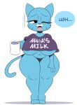  2022 absurd_res anthro areola big_breasts blue_body blue_fur breasts cartoon_network container cuadra_side cup domestic_cat english_text felid feline felis female fur hi_res mammal mature_anthro mature_female mug nicole_watterson nipples one_eye_closed open_mouth simple_background solo standing text the_amazing_world_of_gumball thick_thighs 