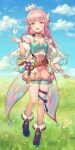  1girl ankle_boots arm_at_side bangs belt boots braid breasts brown_choker bug butterfly butterfly_hair_ornament character_request choker coattails floating_crown fold-over_boots full_body hair_ornament hand_up highres iriam kikugetsu leg_ribbon long_hair looking_at_viewer open_mouth pink_hair pointy_ears purple_footwear ribbon shorts side_braid small_breasts smile solo thigh_ribbon virtual_youtuber yellow_eyes 