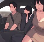  1boy 2girls bandaid bandaid_on_face bangs black_hair blue_eyes blush breasts car car_interior cleavage closed_eyes dress family father_and_daughter ground_vehicle highres large_breasts long_hair motor_vehicle multiple_girls one_eye_closed original partially_unbuttoned pepper0 seatbelt shirt short_hair sitting steering_wheel sweat 
