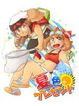  1boy 1girl adapted_costume beanie bikini brendan_(pokemon) brown_hair butterfly_net flip-flops food fruit hand_net hat highres hood hoodie innertube may_(pokemon) pokemon pokemon_(game) pokemon_oras sandals shorts snorkel straw_hat summer sun swimsuit topophilia translation_request watermelon 