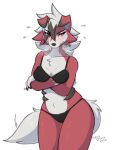  2022 anthro bikini black_bikini black_clothing black_swimwear blush breath clothing countershading female fur generation_7_pokemon hair hi_res lycanroc milodesty multicolored_body multicolored_fur nintendo panting pokemon pokemon_(species) red_body red_eyes red_fur simple_background solo swimwear video_games white_background white_body white_fur white_hair 