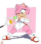 2022 accessory amy_rose anthro ball big_breasts breasts cleavage clothed clothing cuadra_side eulipotyphlan female footwear gloves green_eyes hair hair_accessory hairband handwear hedgehog hi_res mammal one_eye_closed pink_body pink_hair sega shoes simple_background solo sonic_the_hedgehog_(series) tennis tennis_ball 