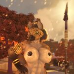  3d_(artwork) anthro big_breasts breasts canid canine digital_media_(artwork) female fur hair hi_res huge_breasts hyaenid mammal muscular muscular_female nipples parovozik smile 