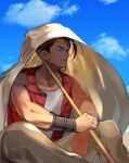  1boy at4190_(user_vzac7788) bare_shoulders black_hair blue_sky brown_pants cane closed_eyes closed_mouth cloud cloudy_sky dark-skinned_male dark_skin desert earrings egypt holding holding_cane jewelry jojo_no_kimyou_na_bouken n&#039;doul outdoors pants red_vest shirt sitting sky smile solo stardust_crusaders vest white_shirt 