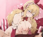  1boy 1girl blonde_hair blue_eyes breast_grab breasts girl_on_top grabbing hair_ribbon heart hetero idolmaster idolmaster_cinderella_girls large_breasts long_hair low_twintails nipples nonoyama nude ohtsuki_yui red_ribbon ribbon sex smile twintails 