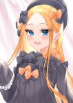  1girl abigail_williams_(fate) absurdres bangs black_bow black_dress black_headwear blonde_hair blue_eyes blush bow breasts doctor_0927 dress fate/grand_order fate_(series) forehead hair_bow hat highres long_hair long_sleeves looking_at_viewer multiple_bows open_mouth orange_bow parted_bangs ribbed_dress sleeves_past_fingers sleeves_past_wrists small_breasts smile solo 