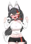  1girl animal_ear_fluff animal_ears black_hair blush breasts clenched_hands closed_eyes collarbone colored_tips cowboy_shot fang groin hands_up highres hololive kani_bonara large_breasts leaning_to_the_side long_hair long_sleeves lowleg lowleg_shorts midriff multicolored_hair navel off-shoulder_shirt off_shoulder ookami_mio open_mouth paw_print ponytail shirt short_shorts shorts sidelocks simple_background skin_fang smile solo tail taut_clothes taut_shirt thigh_gap very_long_hair virtual_youtuber white_background white_shirt wolf_ears wolf_girl 