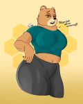  absurd_res anthro belly big_breasts big_butt black_nose breasts brown_bear butt claws clothed clothing english_text female grizzly_bear hi_res light_brown_fur looking_down mammal mother parent rodd.y simple_background solo text thick_thighs toe_claws ursid ursine wide_hips yellow_eyes 