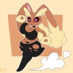  2022 absurd_res anthro big_breasts black_sclera bouncing_breasts breasts brown_body brown_fur cleavage clothed clothing cuadra_side female fur generation_4_pokemon hi_res lagomorph lopunny mammal multicolored_body multicolored_fur navel nintendo pink_eyes pokemon pokemon_(species) running simple_background solo tan_body tan_fur thick_thighs two_tone_body two_tone_fur video_games 