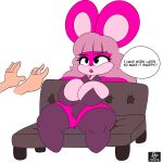  2022 absurd_res anthro big_breasts breasts bunny_costume camel_toe cleavage clothed clothing costume cuadra_side dialogue disembodied_hand english_text female fur furniture hi_res huge_breasts human mammal mouse murid murine open_mouth purple_body purple_fur rodent simple_background sofa solo text 