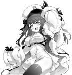  1girl azur_lane blush breast_pocket breasts coat fang gloves greyscale hat highres hori_(hori_no_su) large_breasts long_hair long_sleeves looking_away monochrome open_mouth pamiat_merkuria_(azur_lane) pocket simple_background skin_fang smile solo thighhighs white_background 
