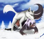  absurd_res all_fours anthro breath canid canine canis clothing feral from_behind_position girly hair hi_res hoodie legwear mae_peppermint male mammal mephitid mounting ponytail questionable_consent sex skunk snow thigh_highs topwear unknown_artist white_hair wolf 