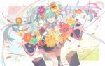  1girl :d ai_kotoba_ii_(vocaloid) black_skirt black_sleeves black_thighhighs blue_flower blue_hair blush collared_shirt commentary detached_sleeves feet_out_of_frame floating_hair flower flower_request hair_between_eyes hair_flower hair_ornament hatsune_miku heart highres long_hair necktie open_hands open_mouth orange_flower outstretched_arms pink_eyes pink_necktie pleated_skirt purple_flower red_flower satonishi shirt single_thighhigh skirt smile solo speaker thighhighs twintails very_long_hair vocaloid white_shirt wide_sleeves yellow_flower 