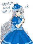  1girl back_bow bangs blue_bow blue_dress blue_ribbon blue_theme blunt_bangs blunt_ends blush_stickers bow candy closed_mouth copyright_name dress food gosick gosick_blue green_eyes grey_hair harugamitsu hat head_tilt heart hime_cut holding holding_candy holding_food holding_lollipop lolita_fashion lollipop looking_at_viewer mini_hat mini_top_hat puffy_short_sleeves puffy_sleeves ribbon short_sleeves sidelocks simple_background smile solo speech_bubble spoken_heart top_hat victorica_de_blois white_background 