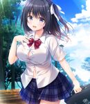  1girl :d bag bench black_hair blue_skirt blue_sky breasts bursting_breasts button_gap cleavage collared_shirt dakikano day grey_eyes hair_ribbon highres kousaka_minamo kujou_danbo lamppost lens_flare long_hair looking_at_viewer navel no_bra official_art outdoors park_bench plaid plaid_skirt pleated_skirt ribbon school_bag school_uniform shirt skirt sky smile solo standing tree unbuttoned unbuttoned_shirt white_shirt 
