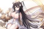  1girl absurdly_long_hair absurdres azur_lane black_hair breasts breasts_out cleavage detached_collar dress flower gloves green_eyes hair_flower hair_on_horn hair_ornament highres horns indomitable_(azur_lane) large_breasts long_hair nipples proverbs_zhenyan revealing_clothes sitting solo thighs very_long_hair white_dress white_gloves 
