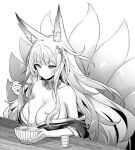  1girl animal_ears azur_lane bare_shoulders bowl breasts chopsticks cleavage collarbone food fox_ears fox_girl fox_tail greyscale holding holding_chopsticks hori_(hori_no_su) large_breasts long_hair looking_away mole mole_under_eye monochrome noodles shinano_(azur_lane) simple_background solo tail udon upper_body white_background 