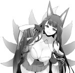  1girl akagi_(azur_lane) animal_ears azur_lane blush breasts cleavage fox_ears fox_girl fox_tail gloves greyscale highres hori_(hori_no_su) large_breasts lips long_hair looking_at_viewer monochrome parted_lips partially_fingerless_gloves pleated_skirt short_sleeves skirt smile solo tail 