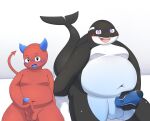  anthro badcat balls black_body cetacean delphinoid demon duo foreskin genitals humanoid_genitalia humanoid_penis male mammal marine masturbation nude oceanic_dolphin orca overweight overweight_male penis red_body sitting toothed_whale white_body 