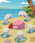  big_nose blue_sky cloud commentary day highres kirby kirby_(series) lying miclot no_humans ocean on_stomach outdoors palm_tree plant pokemon pokemon_(creature) red_nose sand sky starfish surrounded tree water wiglett 