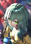  1girl absurdres bangs bespectacled blurry blurry_background breasts cleavage closed_mouth dfra glasses green_eyes green_hair heart heart-shaped_pupils highres komeiji_koishi long_sleeves looking_at_viewer red-framed_eyewear semi-rimless_eyewear short_hair smile solo symbol-shaped_pupils third_eye touhou under-rim_eyewear upper_body wide_sleeves 