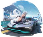  1girl all_fours animal_ear_fluff animal_ears artist_request azur_lane bangs blue_eyes boots breasts car crowd day ground_vehicle high_heels highres large_breasts long_hair looking_at_viewer looking_back motor_vehicle multiple_tails official_art on_vehicle outdoors pleated_skirt race_queen shinano_(azur_lane) shinano_(moonlit_chrome)_(azur_lane) skirt solo_focus sports_car tail thigh_boots thighhighs transparent_background white_footwear white_hair 
